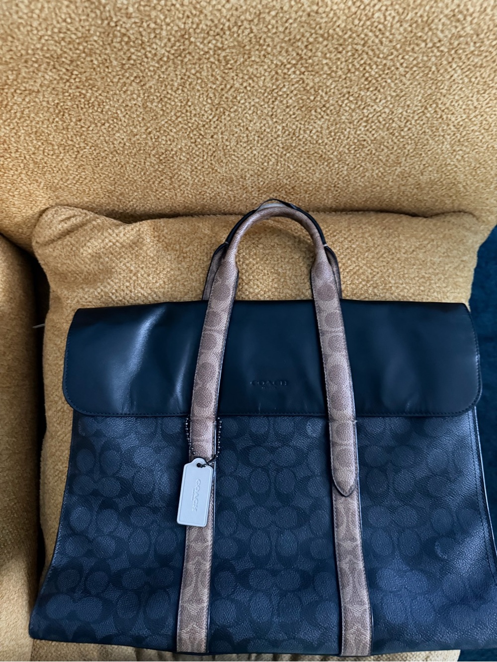 Coach Men's Black Briefcase with Tan Signature Trim